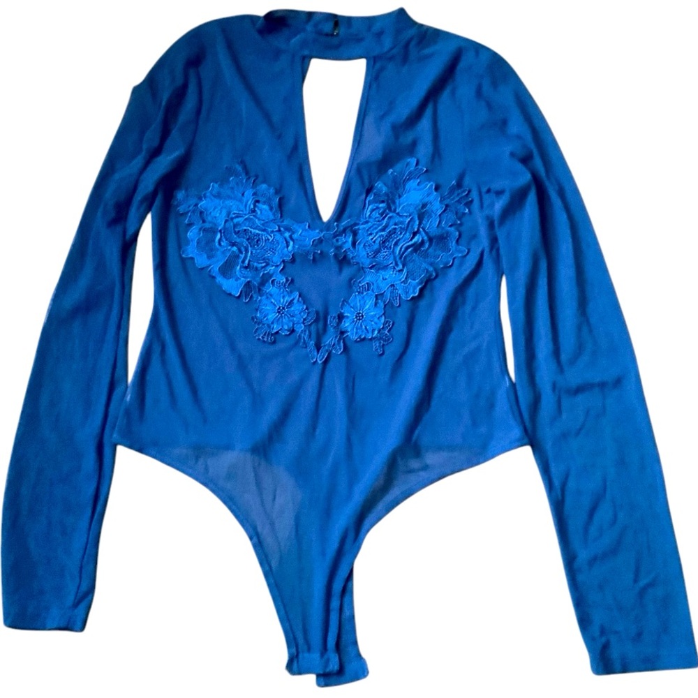 Boutique Brand Sheer Sexy Blue Long Sleeve Bodysuit V-Neck Women’s Size Medium
